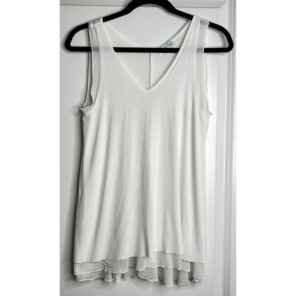 Grace & Lace White V-Neck Mesh Tiered Hem Tank Top XS rayon spandex flowy